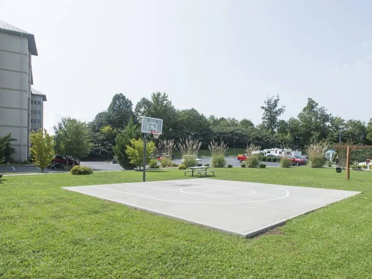 A dynamic scene of the basketball court surrounded by greenery and benches, inviting guests for energetic games or relaxed socializing. The open setting encourages both active play and casual gatherings in the fresh air.